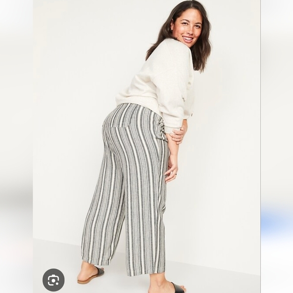 Maternity Rollover-Waist Black & Ivory Linen-Blend Wide Leg Pants Sz XL. - Picture 4 of 11